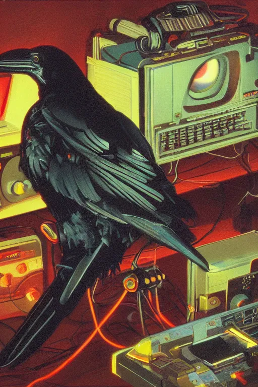 Prompt: a raven observing 8 0 s era technology, vintage shapes, retro technology, glowing color, wayne barlow, oil on canvas, deep depth of field, masterpiece, cinematic composition, hyperdetailed