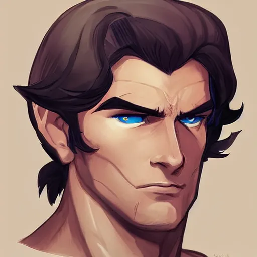 Image similar to a young man with shoulder length brown hair, with a scar on his forehead. blue uniform. serious expression, handsome, rugged, kaladin stormblessed, way of kings, artgerm, portrait, sketch, rpg, dnd