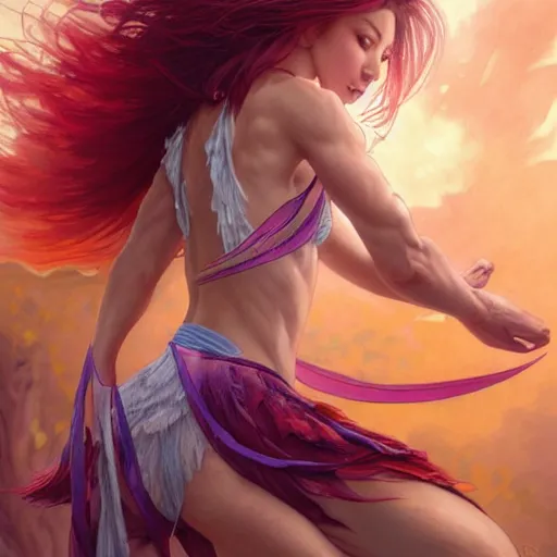 Image similar to beautiful natural fairy winged redhead martial artist karate fey fae muscular body shortsword summer gi, kung fu, vivid colors, intricate, elegant, highly detailed, digital painting, artstation, concept art, smooth, sharp focus, illustration, art by artgerm and greg rutkowski and alphonse mucha and loish and wlop