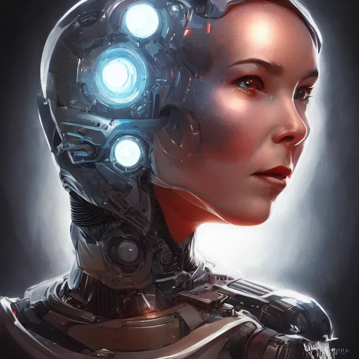 Image similar to cyborg bjork, portrait, symmetrical, highly detailed, digital painting, trending on artstation, concept art, sharp focus, illustration, art by artgerm and greg rutkowski and magali villeneuv