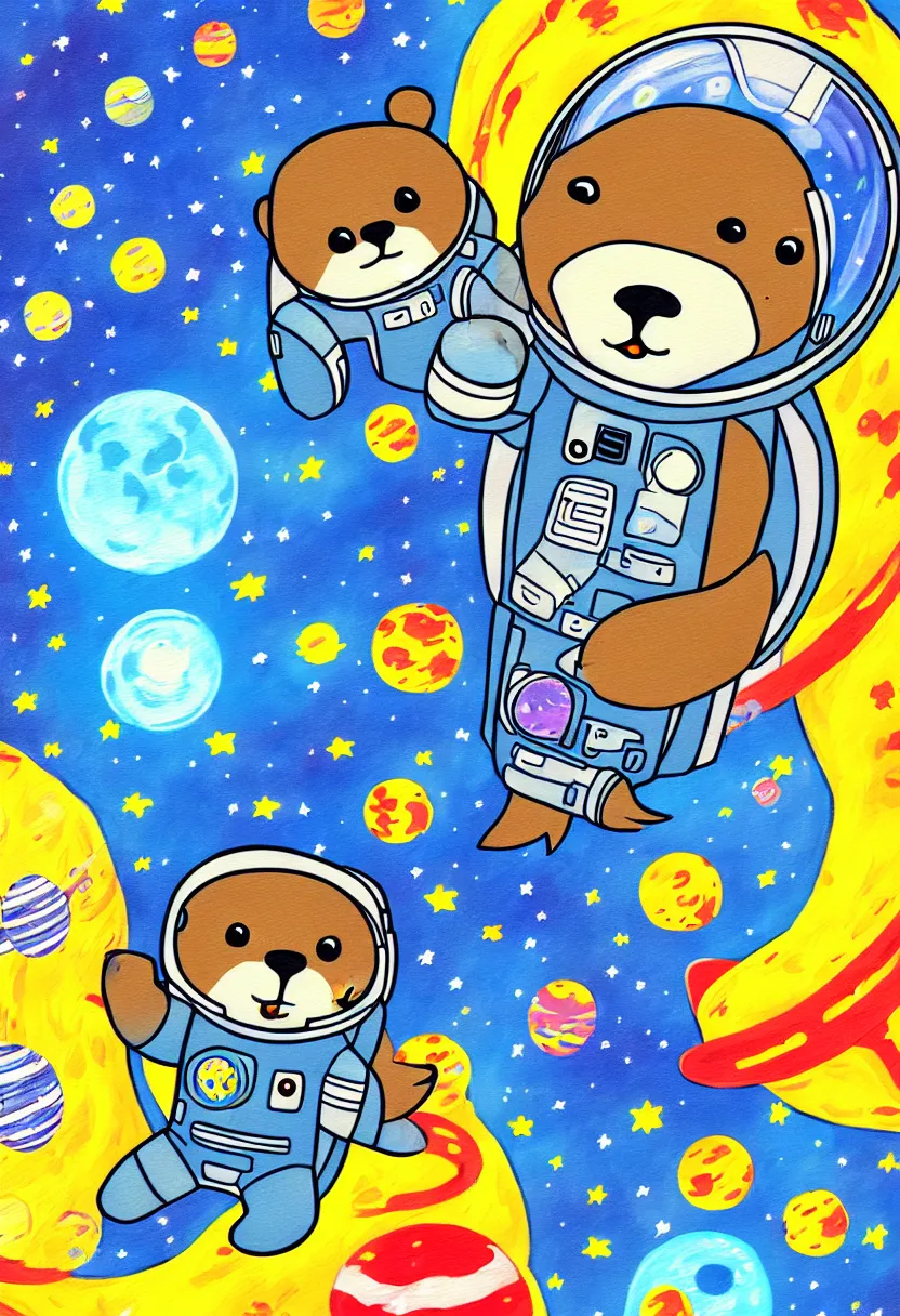 Prompt: childrens storybook cover, gauche painting, a single cute otter astronaut in a space suit floating in outer space. otter space