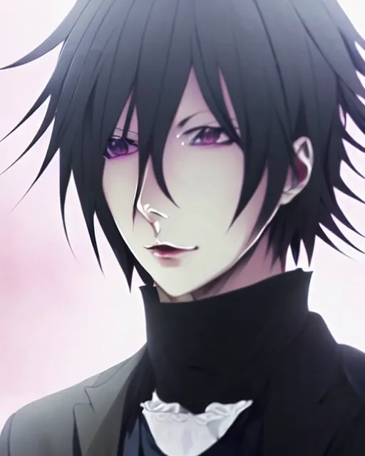 Image similar to extremely attractive feminine male anime character screenshot, nagito komaeda, sebastian michaelis, anime, intricate, sharp focus, illustration, highly detailed, digital painting, cell shaded, concept art, matte, art by ilya kuvshinov and kyoto animation and wlop, ruan jia and greg rutkowski, studio quality, masterpiece