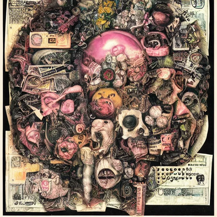 Image similar to post - punk new age album cover, asymmetrical design, dollar bank notes, capitalism, magic, apocalypse, psychedelic, black white pink, highly detailed, magic, giger h. r., giuseppe arcimboldo