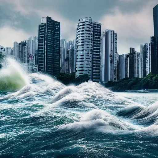 Prompt: a tsunami wave hits Hong Kong island, hyper realistic, 4K