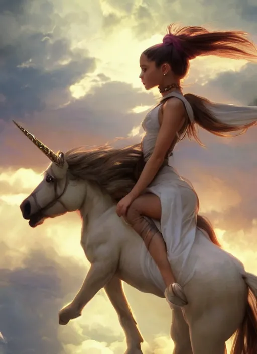 Prompt: ariana grande riding a unicorn, cinematic shot, 8 k, art by artgerm and greg rutkowski and alphonse mucha, movie screenshot