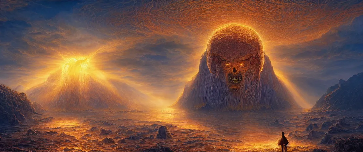 Image similar to A terrifying giant monster made of honey, beautiful atmosphere, god rays, masterpiece digital painting by Alex Grey, Greg Rutkowski, 4k wallpaper