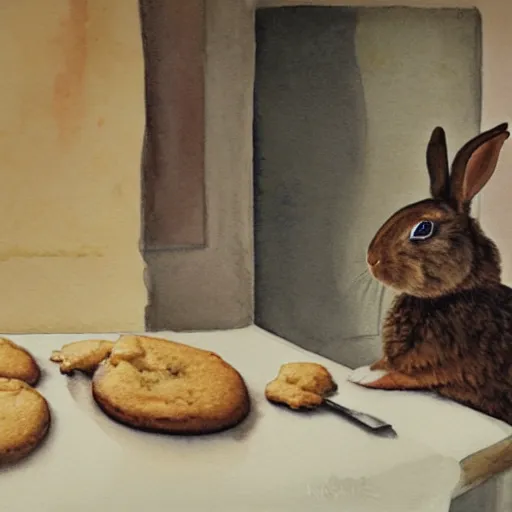 Image similar to a rabbit baking cookies in a kitchen, watercolour realism