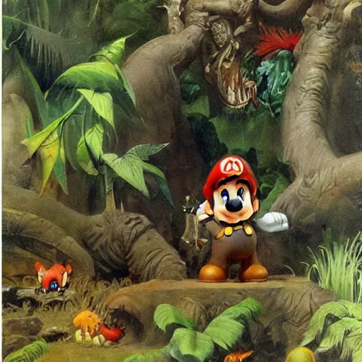 Image similar to super mario lost in mystic jungle on oil painting by frank frazetta