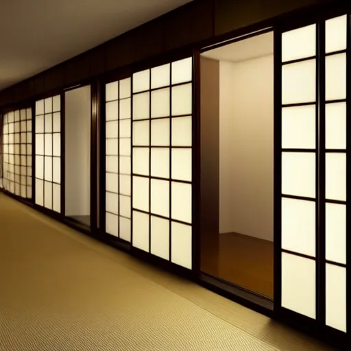 Image similar to still photo of a japanese hallway with sliding doors, highly detailed, photorealistic portrait, bright studio setting, studio lighting, crisp quality and light reflections, unreal engine 5 quality render