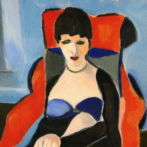 Image similar to an oil painting by matisse of marvel black widow sitting on a chair,