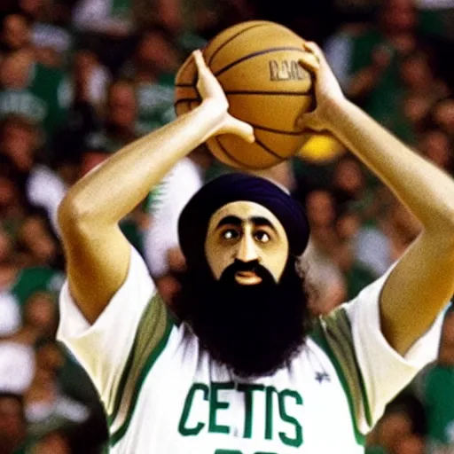 Prompt: facial portrait of osama bin laden shooting free throws, boston celtics