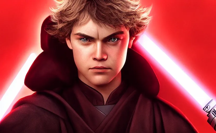 Image similar to a portrait of anakin skywalker looking angrily into the camera wielding a red lightsaber, detailed, cinematic, raytracing, realistic, detailed, cinematic, raytracing, realistic