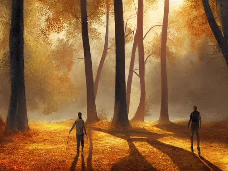 Image similar to a matte painting of an adventurer walking along the river bank in a forest during the golden hour in autumn, surrounded by dust and volumetric light shining through the tree tops, digital painting, detail