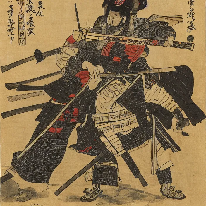 Image similar to a samurai firing a machine gun