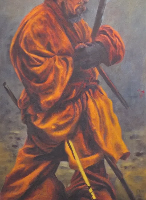 Prompt: A warrior battle monk, gritty, oil painting on canvas