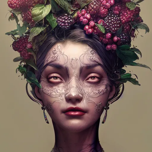 Prompt: the face of an absurdly beautiful, graceful, elegant, sophisticated woman made of blueberries and blackberries, an ultrafine hyperdetailed illustration by kim jung gi, irakli nadar, intricate linework, bright colors, octopath traveler, final fantasy, unreal engine 5 highly rendered, global illumination, radiant light, detailed and intricate environment