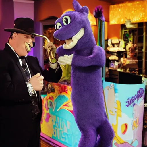 Image similar to Barney taking a dab at midnight mafia