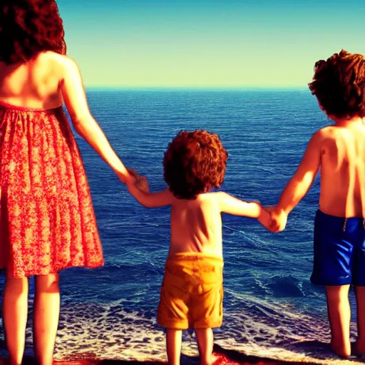 Prompt: hippie style mom and dad and two kids ( boy 1 year old, girl 3 years old ) standing on the ocean and looking at the ocean holding hands, back view, far - view, high detail, 8 k, artstation trending, wes anderson style