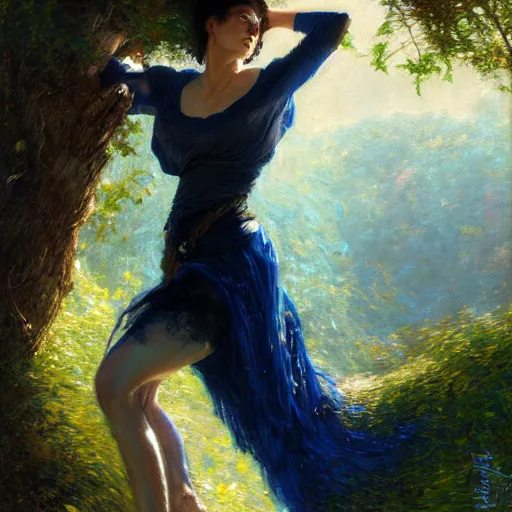 Image similar to portrait of a strong woman resting on a large tree, short black hair, decorative dark blue clothing, bare legs sharp focus, ultra realistic digital painting, colorful, cinematic lighting, high fantasy, intricate, highly detailed, smooth, elegant, gaston bussiere, bayard wu, greg rutkowski