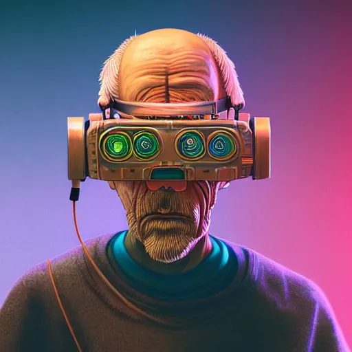 Image similar to Colour Photography of 1000 years old man with highly detailed 1000 years old face wearing higly detailed cyberpunk VR Headset designed by Josan Gonzalez. Man eating higly detailed hot-dog. In style of Josan Gonzalez and Mike Winkelmann andgreg rutkowski and alphonse muchaand Caspar David Friedrich. Rendered in Blender