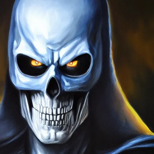 Image similar to ultra realistic portrait painting of skeletor as batman, art by mark taylor, 4 k, ultra realistic, highly detailed, epic lighting