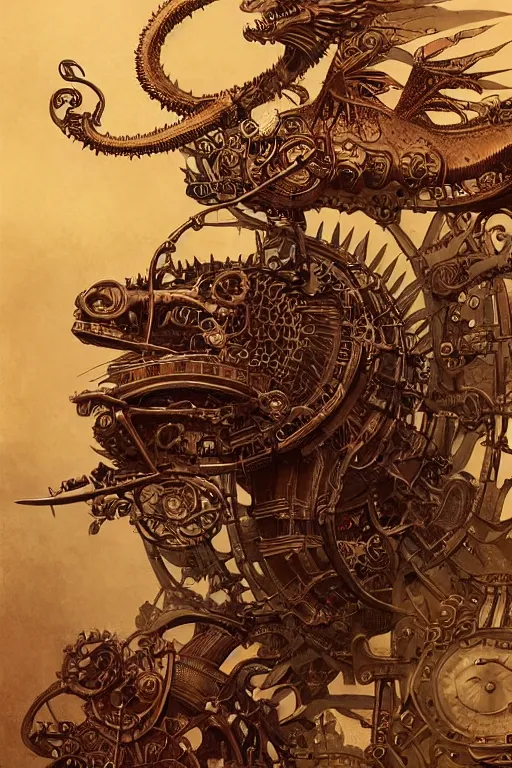 Image similar to illustration, old sick gold and crimsoned scaled asian style dragon on a steam punk plank of machinery with wires and gears and steam punk apparatus, matte painting, style of studio ghibli, featured in artstation and artgerm and pixiv, award winning, cinematic, intricate, 8 k