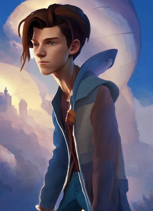 Image similar to skinny young tom holland as jim hawkins from treasure planet, dynamic lighting, path traced, atmospheric, highly detailed, high quality, beautiful painting, octane render, don bluth, ross tran, studio ghibli, alphonse mucha, jama jurabaev, extremely detailed, brush strokes, artstation, artgerm