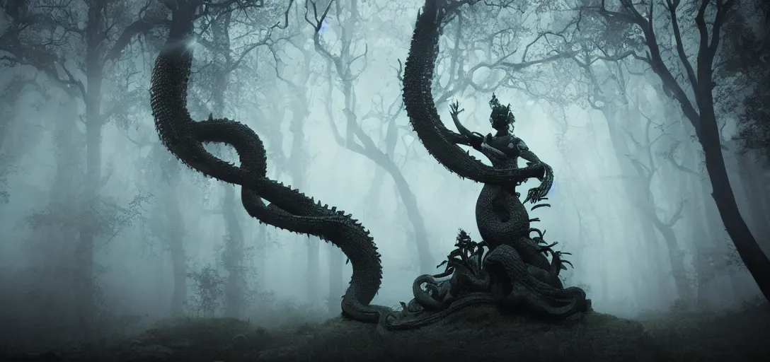 Prompt: a realistic photograph of a 6 armed serpent goddess + dark fantasy + nightime + ancient forest + dramatic lighting + fog