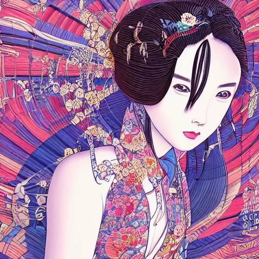 Image similar to the portrait of an unbelievably beautiful, elegant, sensual, and sophisticated young japanese geisha, an ultrafine detailed illustration by james jean, intricate linework, bright colors, final fantasy, behance contest winner, vanitas, angular, altermodern, unreal engine 5 highly rendered, global illumination, radiant light, detailed and intricate environment