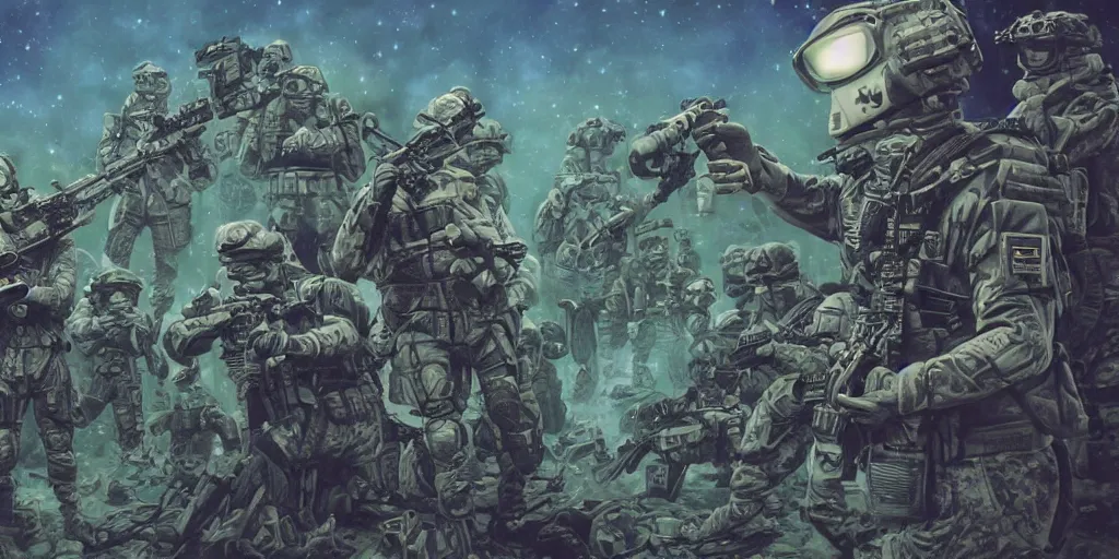 Image similar to photo wide shot military sci fi muppet special forces soldiers,inks,octane render photorealistic, blue,gold,white,black octane render, insanely detailed, realistic, + psychedelic, cosmic energy by Kelly McKernan, yoshitaka Amano, hiroshi yoshida, moebius, loish, artgerm, happy,joyful, painterly, symmetrical and detailed hyperdetailed 8k, moebius,steven wiltshire, , hyper detailed,high contrast,vivid psychedelic colors,, Neon Genesis Evangelion, mathematics and geometry, loony toons, saturated, sun rays + Laurie Greasley + Katsuhiro Otomo, Craig Mullins, 8k, octane render, trending on artstation, hyper detailed,