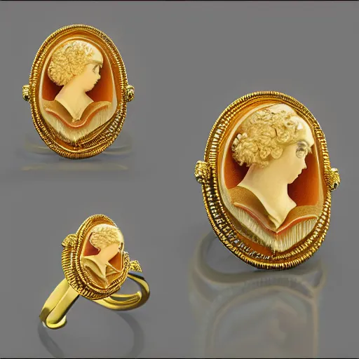 Image similar to complex golden ring with cameo and gems on the female model hand eith bust, 8k, details, architect plan