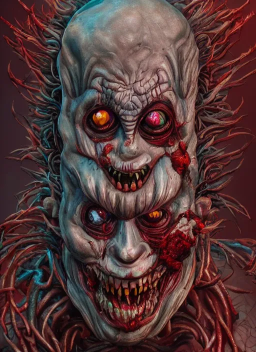 Image similar to evil horror clown, monster anatomy, ross tran, vivid colors, anatomical, highly detailed sculpture, intricate detailed, ommatidia, 8 k, cinematic atmosphere, post - processing