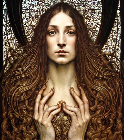 Image similar to detailed realistic beautiful young medieval sade face portrait by jean delville, gustave dore and marco mazzoni, art nouveau, symbolist, visionary, gothic, pre - raphaelite. horizontal symmetry by zdzisław beksinski, iris van herpen, raymond swanland and alphonse mucha. highly detailed, hyper - real, beautiful, fractal baroque
