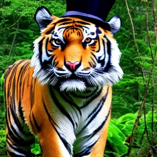 Prompt: photo of tiger wearing a top hat in jungle