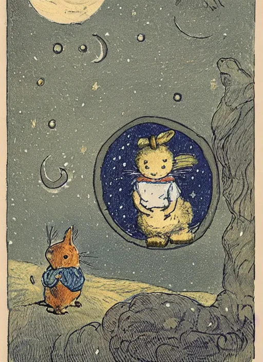 Image similar to candid portrait of a moon with a face in the starry sky, illustrated by peggy fortnum and beatrix potter and sir john tenniel