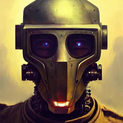 Image similar to a expressive portrait of masked diesel punk robot in dramatic lighting, depth of field background, artstation, award - winning realistic sci - fi concept art by jim burns and greg rutkowski, beksinski, a realism masterpiece, expressive color palette, james gilleard, bruegel, alphonse mucha, and yoshitaka amano