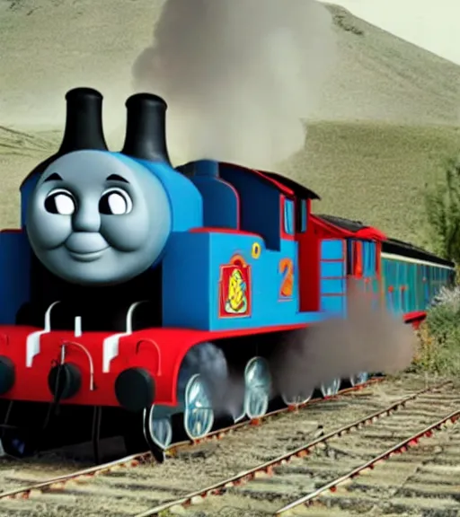 Prompt: thomas the train as a thermonuclear bomb, war footage