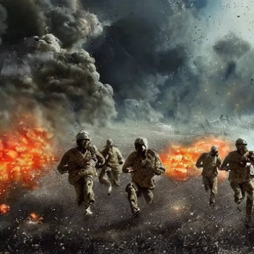 Prompt: hyper realism, realistic apocalyptic war scene, explosions, science - fiction soldiers running, bullet storm