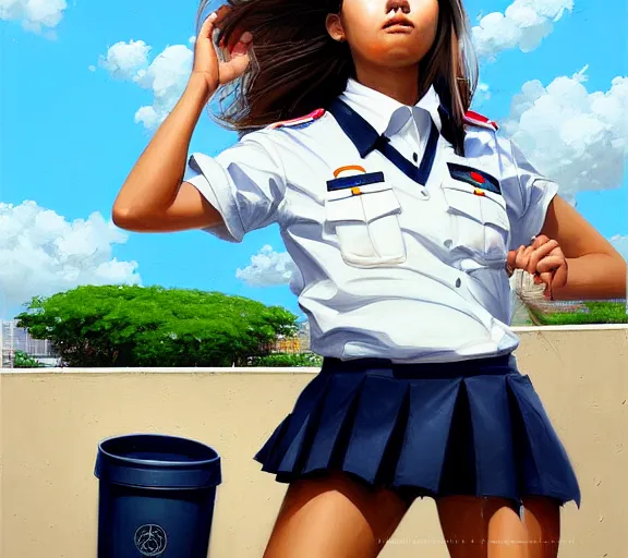 Image similar to portrait of an Italian Mexican teen female schoolgirl wearing a navy and white sepuku uniform and jumping outside a green trashbin in Kalakaua avenue in Waikiki by James Jean, intricate, elegant, highly detailed, centered, digital painting, artstation, concept art, smooth, sharp focus, illustration, by Peter Mohrbacher, WLOP