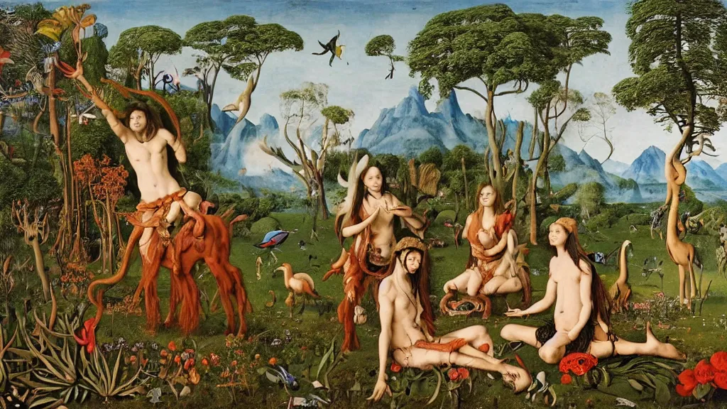 Image similar to a photograph of a meditating centaur shaman and a harpy mermaid feeding animals. surrounded by bulbous flowers and a few trees and wild animals. river delta with mountains under a blue sky full of burning stars and birds. painted by jan van eyck, max ernst, ernst haeckel, ernst fuchs and artgerm. trending on artstation