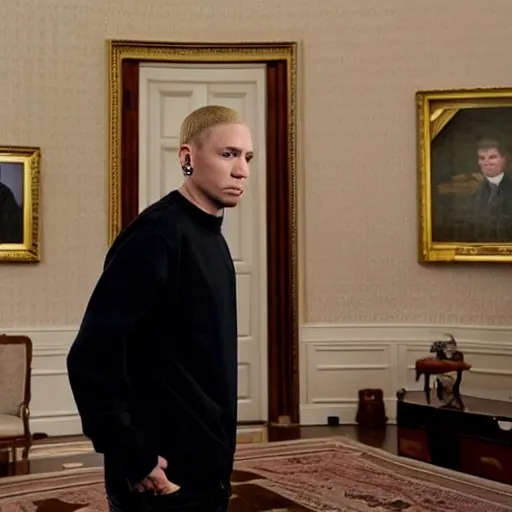 Prompt: Eminem in the president's office in the White House, photorealistic, high definition, cinematic lighting,