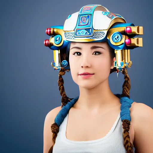 Prompt: centered fine studio photograph of a young woman wearing only a futuristic mecha Mayan helmet with bright lights, chest and face, ultra-realistic, white background, 8k HDR, shallow depth of field, intricate