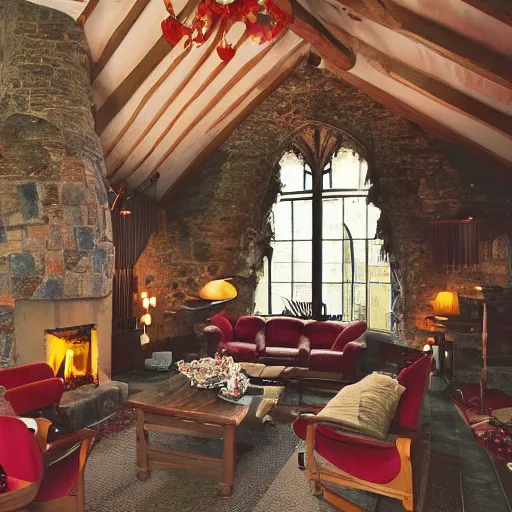 Image similar to A photograph of the Gryffindor common room, cozy arm chairs, a fire burning in the hearth, high ceilings, lit by many candles, light rays, magic aura, bloom, mysterious