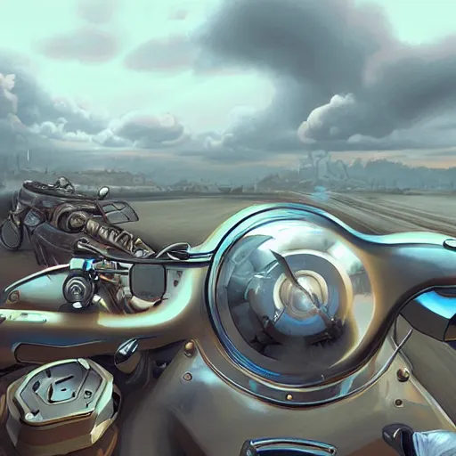 Prompt: POV of driving a motorcycle through a dystopian wasteland, with giant airpods in the sky, clouds of miasma, drab colors, by Jenks Pafroot and Williamsi Williamson, concept art, detailed style