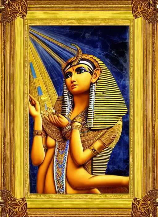 Prompt: beautiful young egyptian muse, in golden egyptian ornaments, reaching towards the heavens, holy imagery, ornamental frame, highly detailed, beautiful colors, renaissance mural, golden ratio, in the style of sandro boticceli