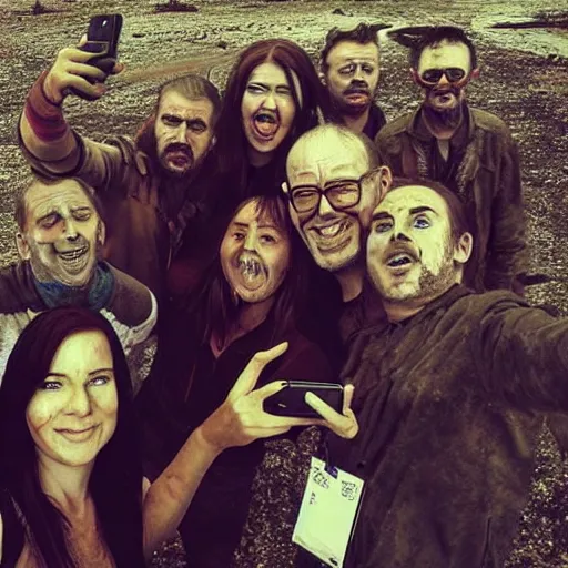 Image similar to humans last selfie, post apocalyptic, award winning, horror