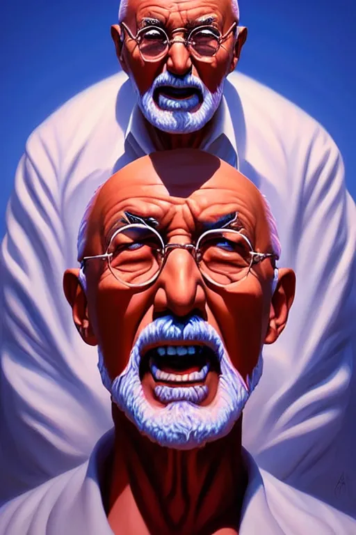 Image similar to portrait of crazed!!! nuclear!!!!!! ghandi!! statue by artgerm, rhads