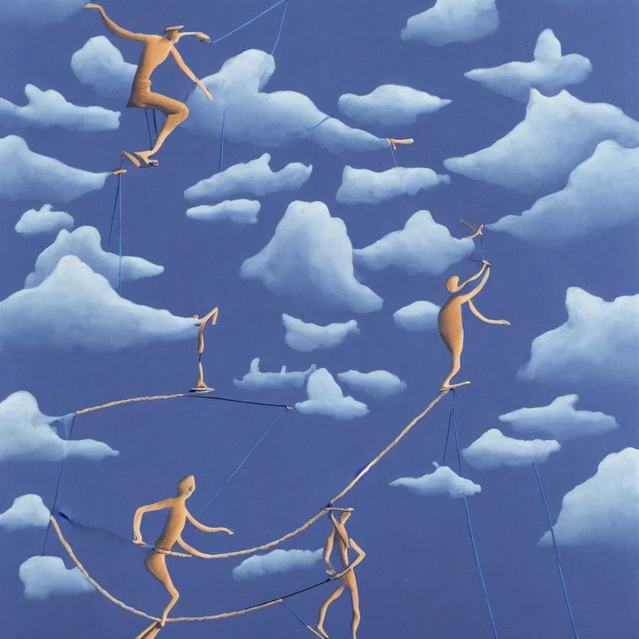 Prompt: surrealist artwork about following a tightrope artist who walks among clouds and falls down a city of illusions '. blue indigo colour scheme