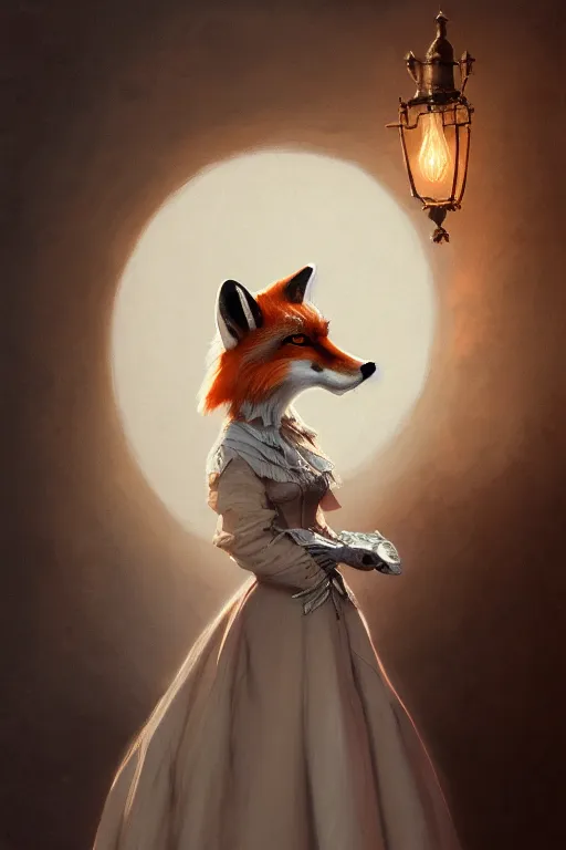 Image similar to portrait of an anthropomorphic fox in a victorian - era ballgown, dramatic lighting, highly detailed, digital painting, artstation, concept art, smooth, sharp focus, illustration, art by wlop, mars ravelo and greg rutkowski