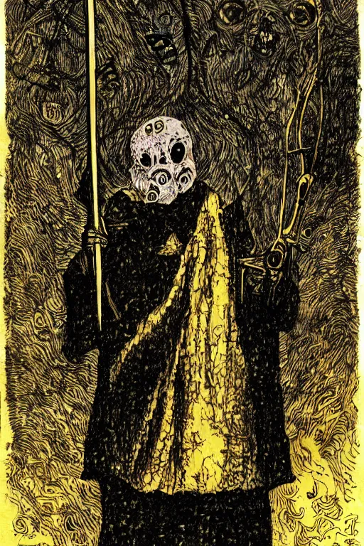 Image similar to portrait of heretic inquisitor holding a golden staff, ghosts in the background, style by masahiro ito